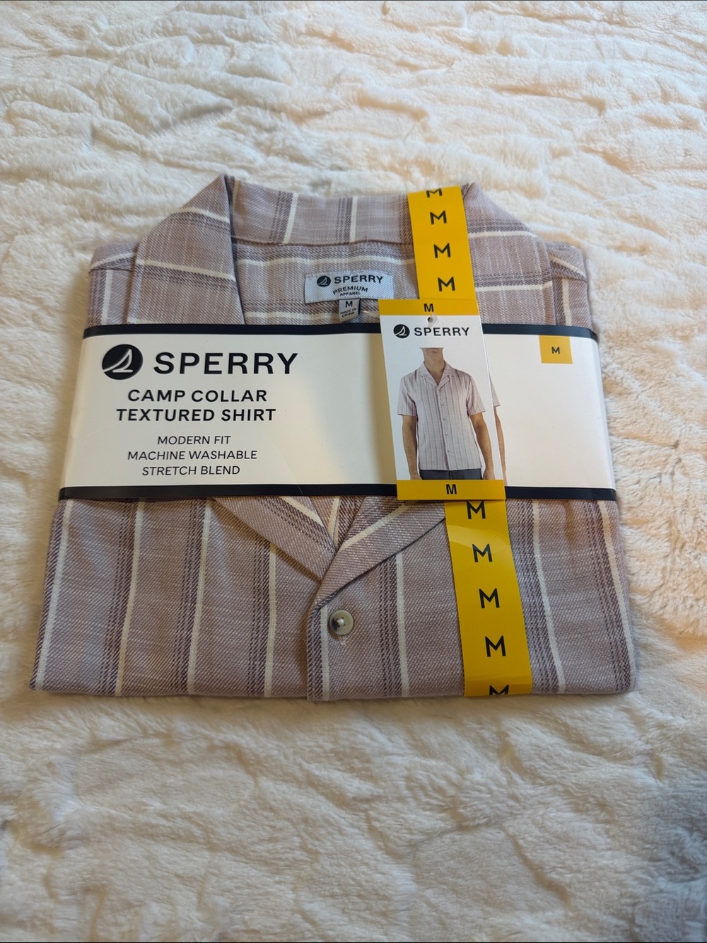 Sperry Men's Camp Collar Button-Down Shirt - Light Brown and Cream Stripe Size M